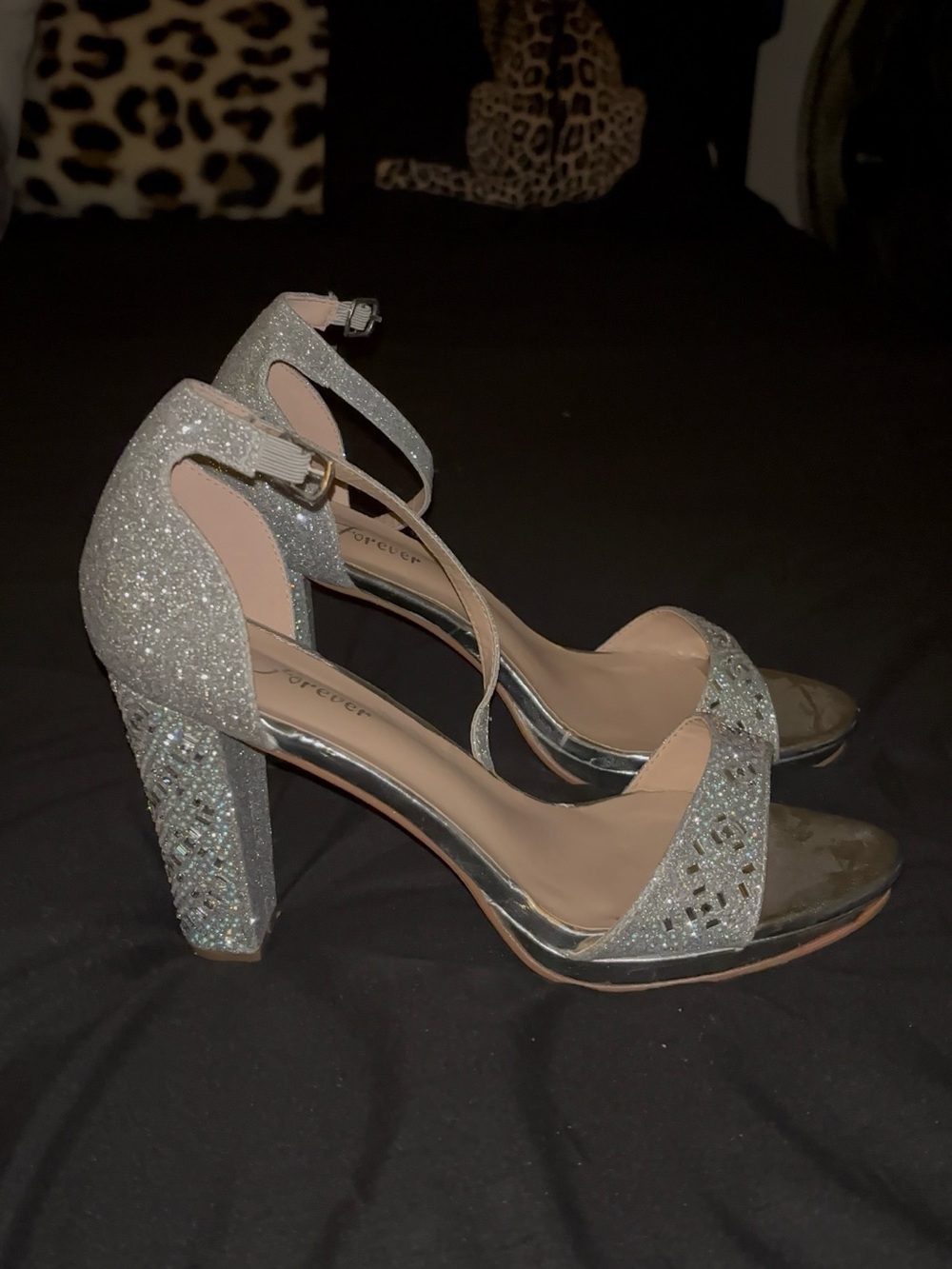 Forever 21 Sparkle Block Heel Ankle Strap Sandals - Silver